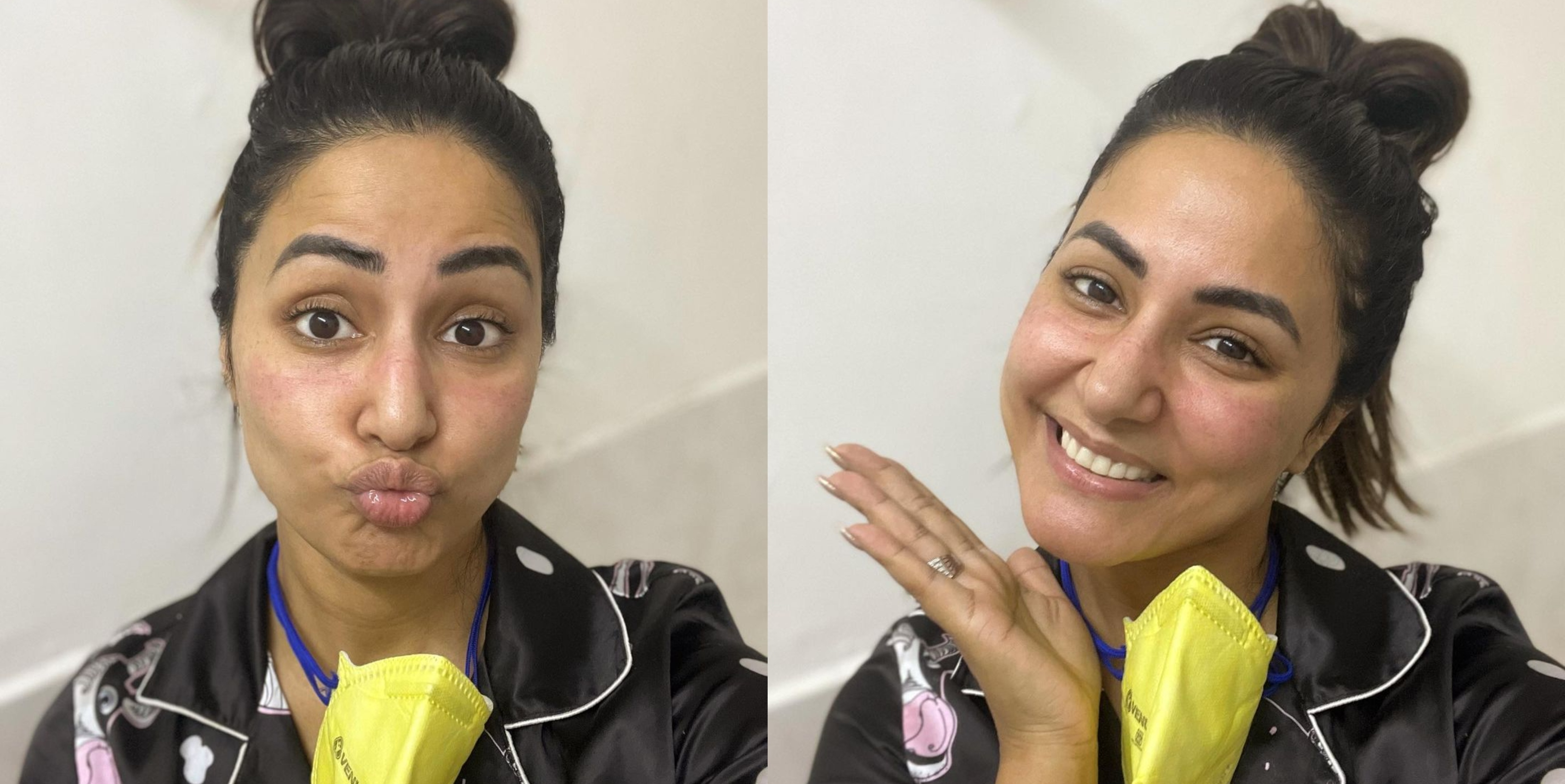 Hina Khan shares bathroom selfies with marks left behind by masks after her family tests positive for COVID-19