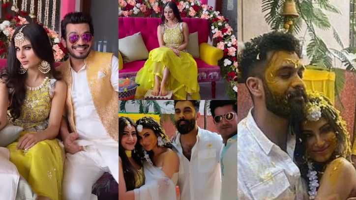 Mouni Roy wedding: Actress hugs boyfriend Suraj Nambiar post their haldi, poses with Arjun Bijlani at her mehendi ceremony