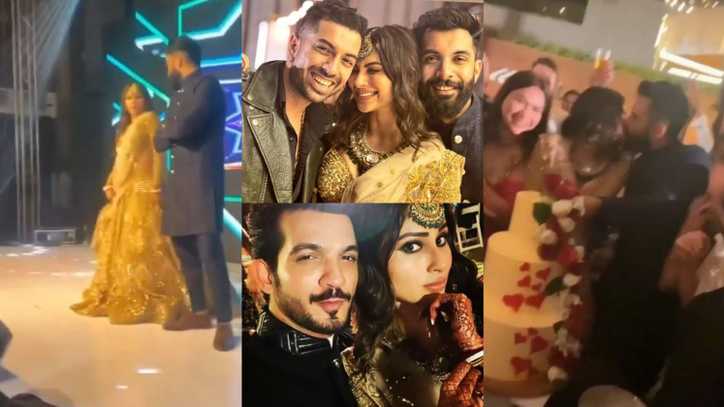 Mouni Roy, Suraj Nambiar dance to Rowdy Baby together at post wedding sangeet, share a passionate kiss; See videos