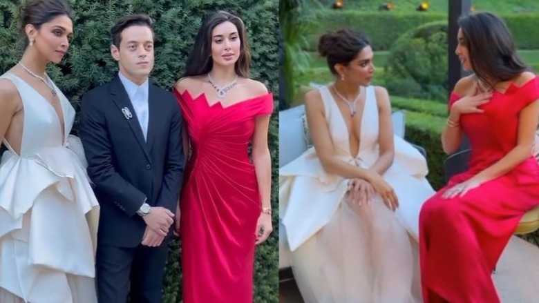 Deepika Padukone exudes charisma in a plunging white gown at an event in Spain; poses with Rami Malek, Yasmin Sabri