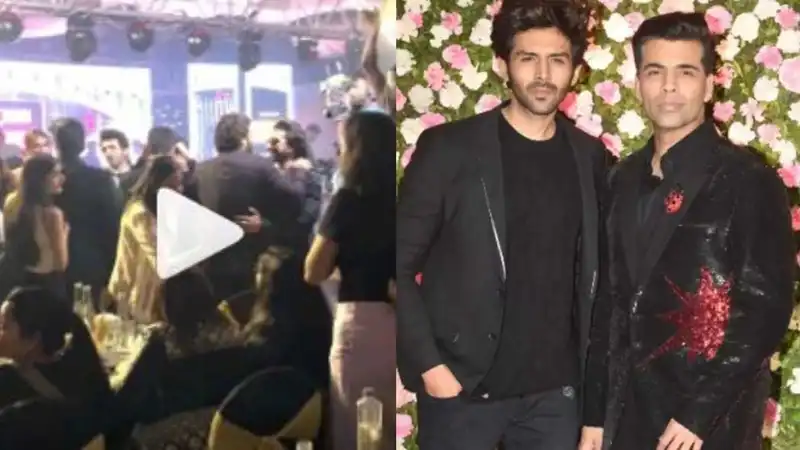 Kartik Aaryan laughs while talking to Karan Johar at an event, Ranveer Singh greets Arjun Kapoor with a kiss; watch