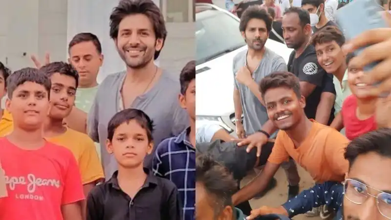 Kartik Aaryan fans mob Shehzada shoot location in Haryana, actor appeases them with selfies