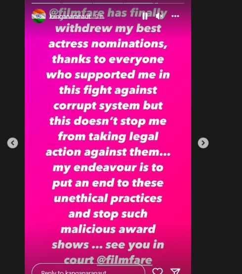 Kangana Ranaut to take legal action against Filmfare Awards for nominating  her for Thalaivii, latter withdraws her nomination with counter statement