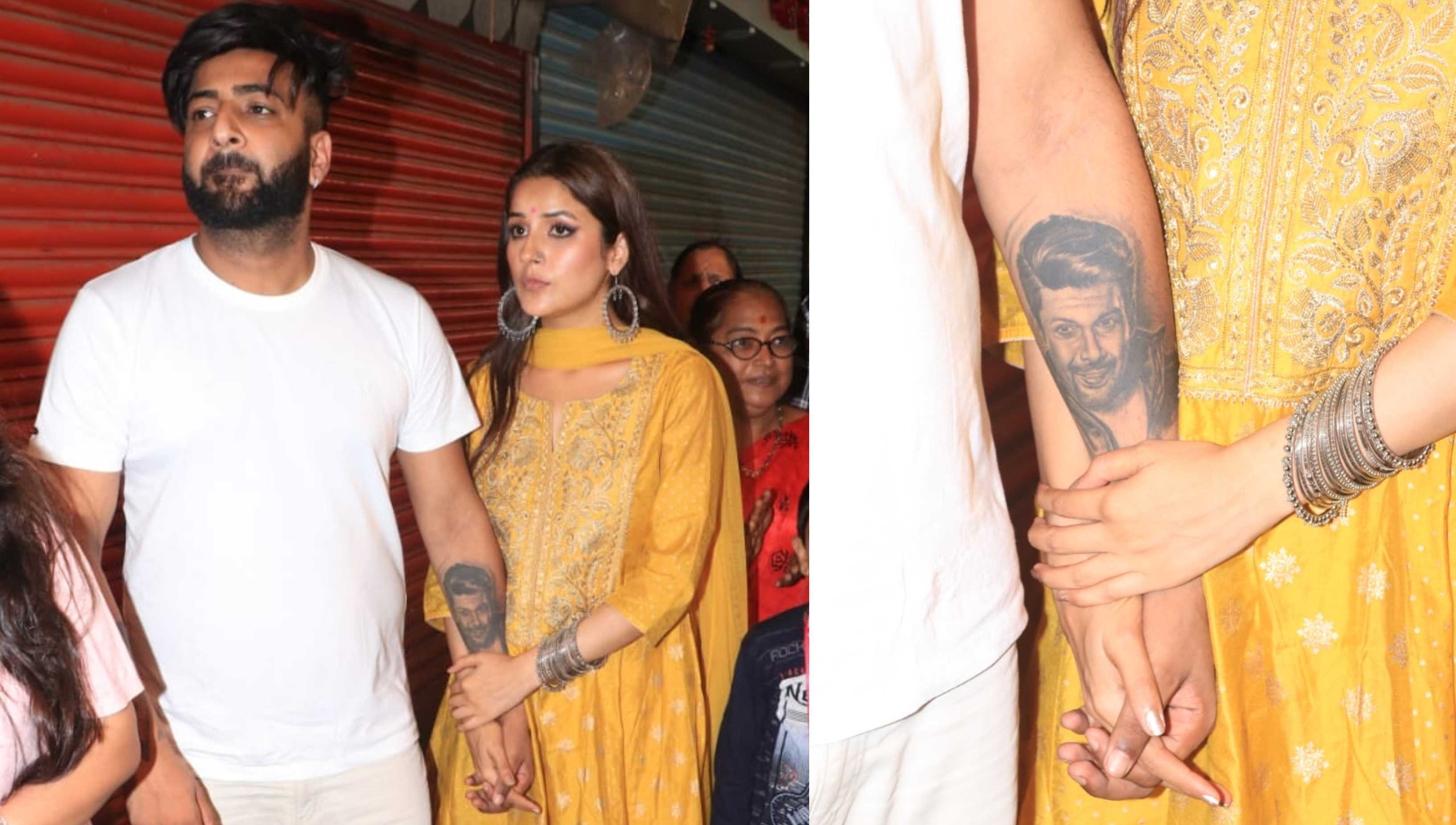 Shehnaaz Gill holds onto brother Shehbaz’s arm with Sidharth Shukla’s tattoo as they seek blessings at Lalbaugcha Raja