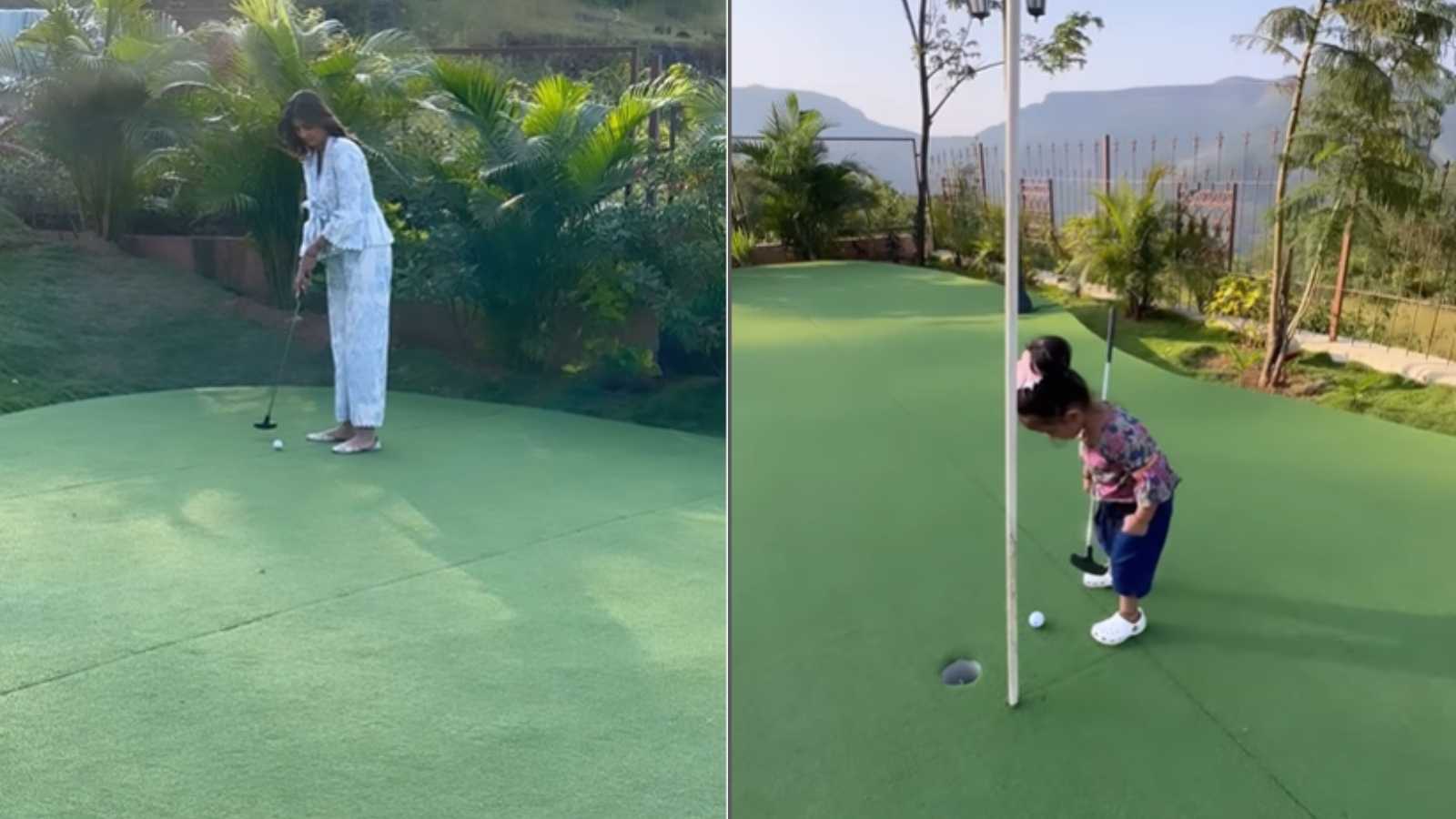 2 yrs. old Samisha Shetty Kundra shows mom Shilpa Shetty how it's done as the go out golfing; Seen the most adorable video on the internet yet?