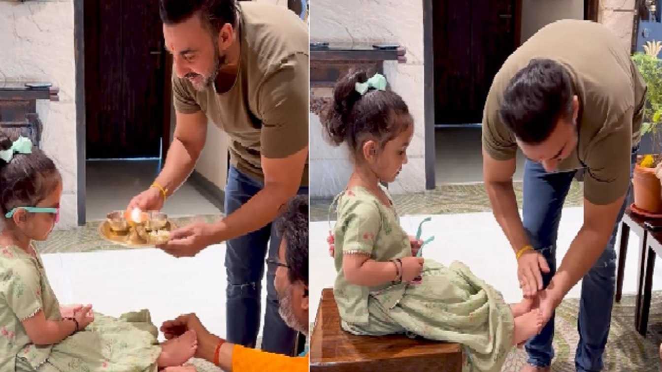Shilpa Shetty's husband Raj Kundra taking daughter Samisha's blessings during Kanchika puja is the cutest thing on internet right now