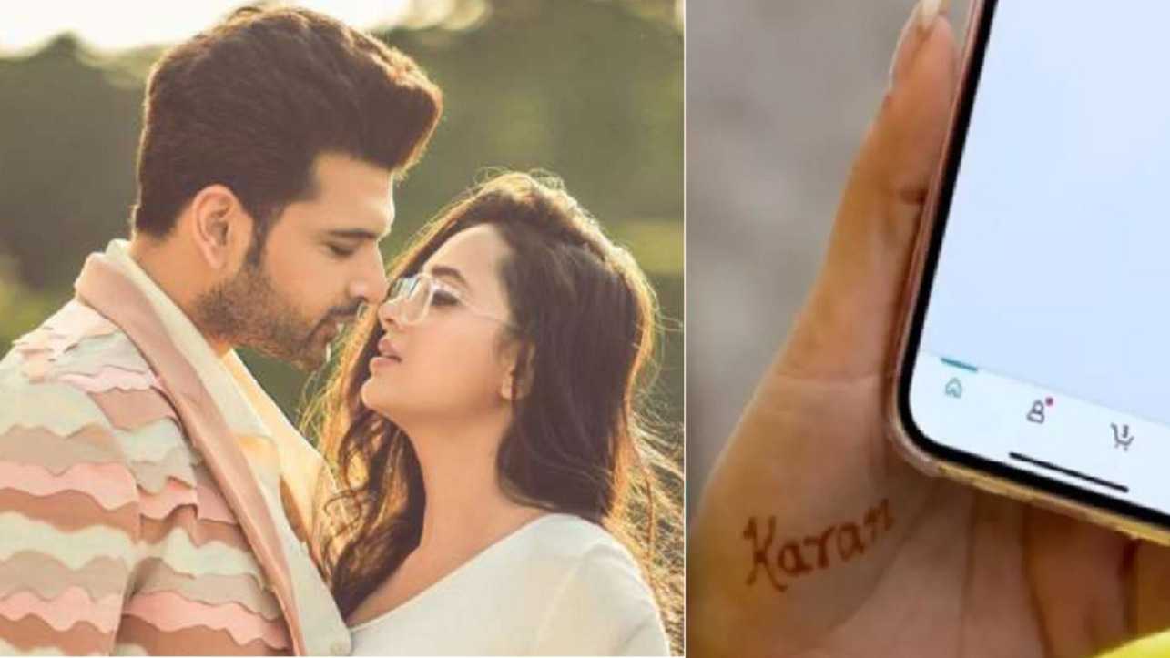 Tejasswi Prakash writes BF Karan Kundrra's name on her hand with mehendi, TejRan fan say 'hame pata h ye karwachauth ki mehndi thi'