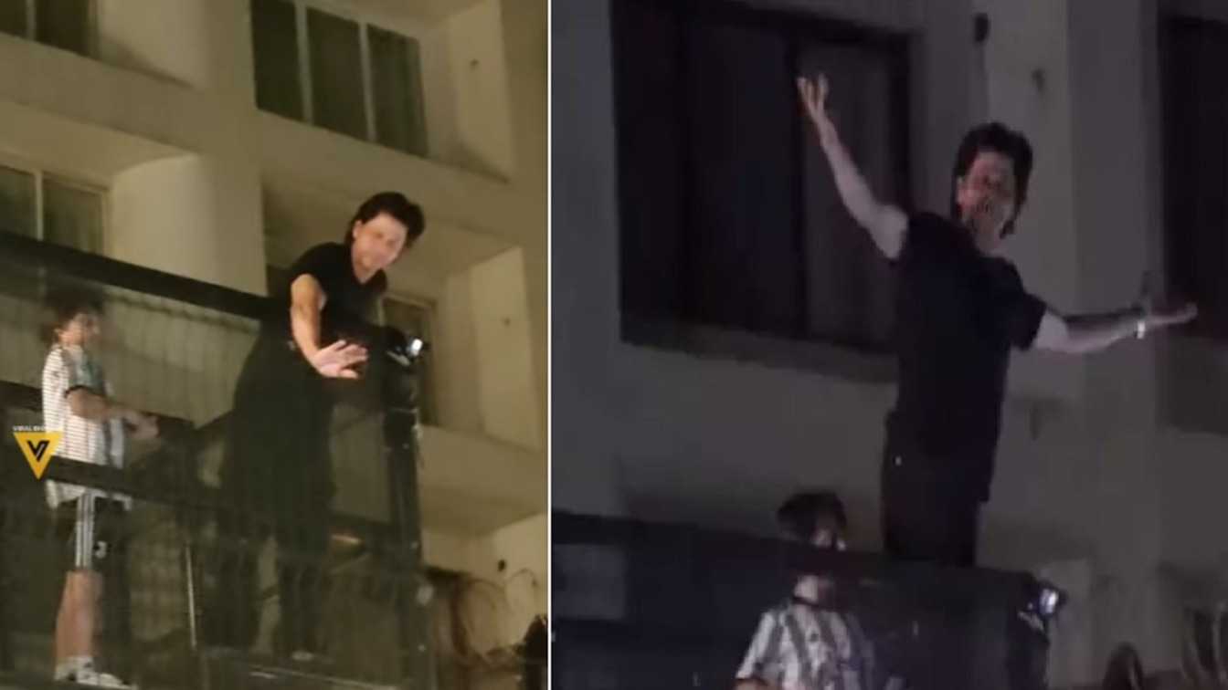 Shah Rukh Khan greets fans with his iconic pose on 57th birthday, son AbRam accompanies him