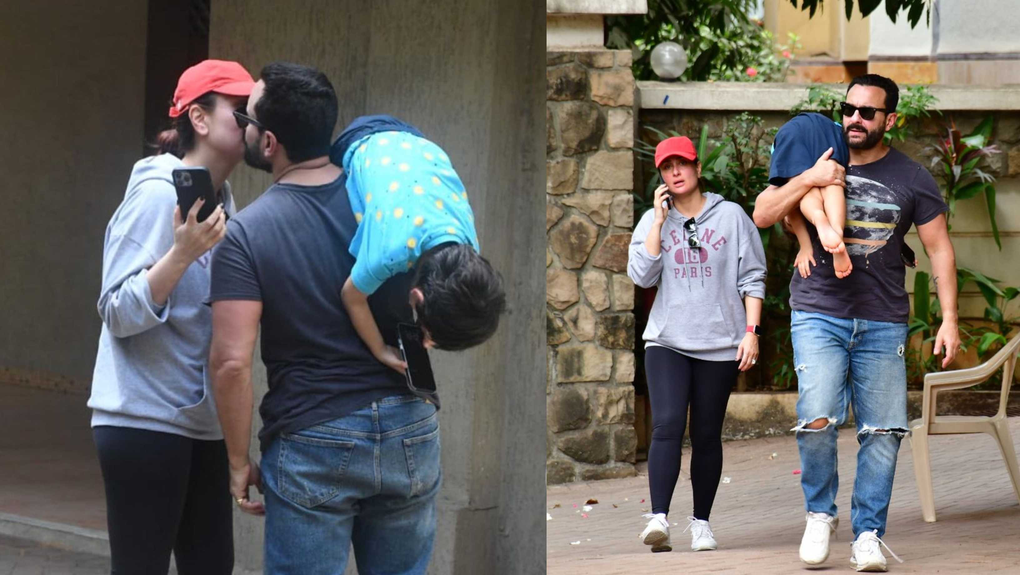 Kareena Kapoor Khan gives Saif Ali Khan a kiss while he carries a busy Taimur home; watch