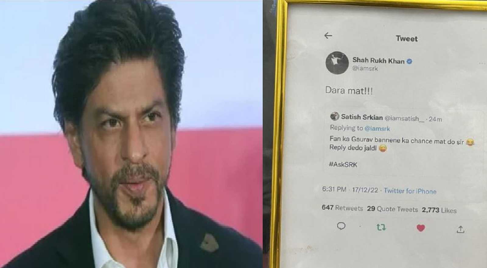 Shah Rukh Khan says 'dara mat' to a Twitter user who threatens to be Gaurav from Fan, latter gets his reply framed