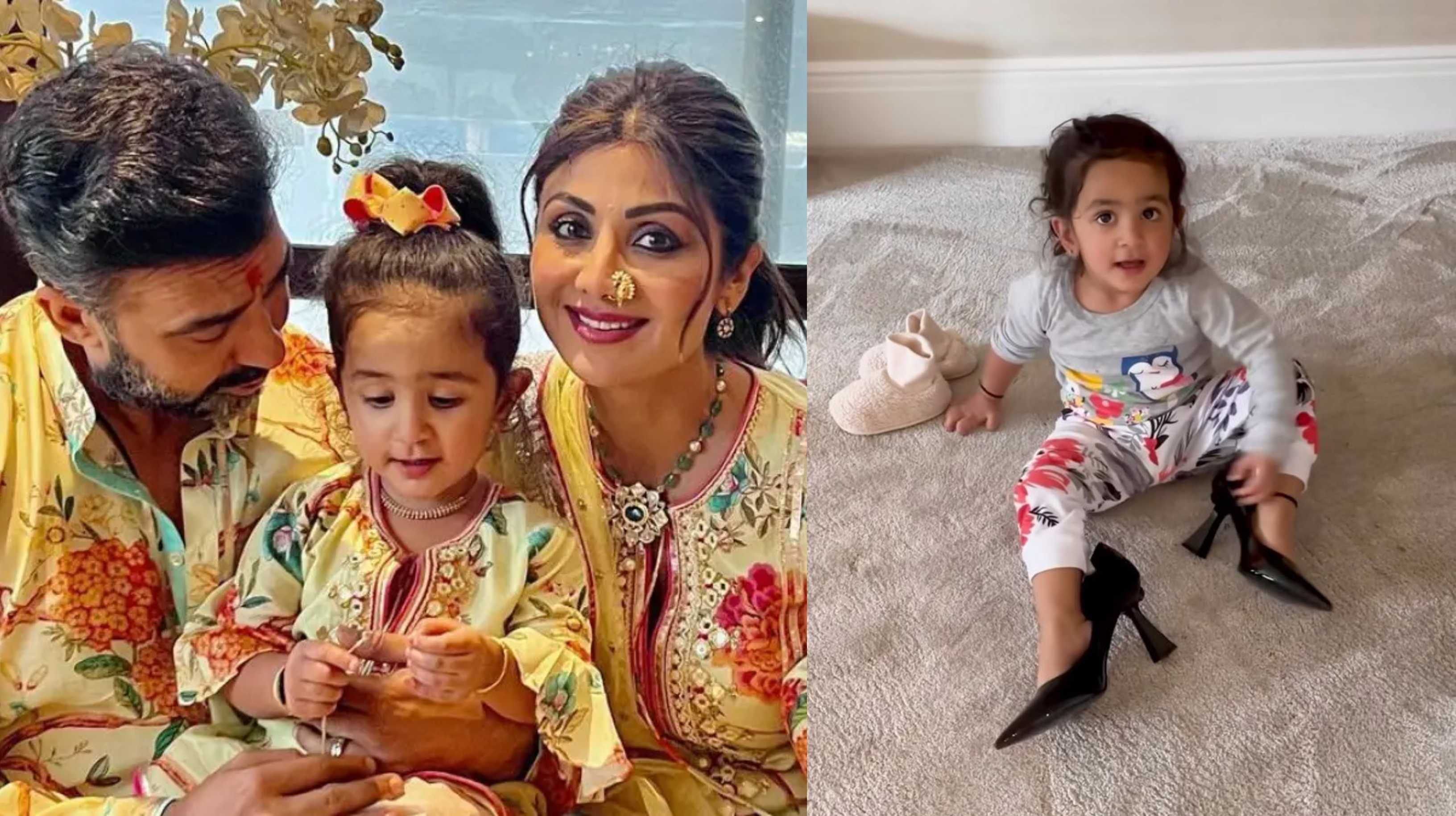 Shilpa Shetty’s daughter Samisha confuses her high heels for Raj Kundra’s shoes as she tries to fit her feet into them