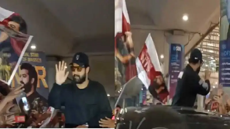 Jr NTR returns with Naatu Naatu choreographer after Oscar win, fans crowd outside Hyderabad airport to congratulate RRR star