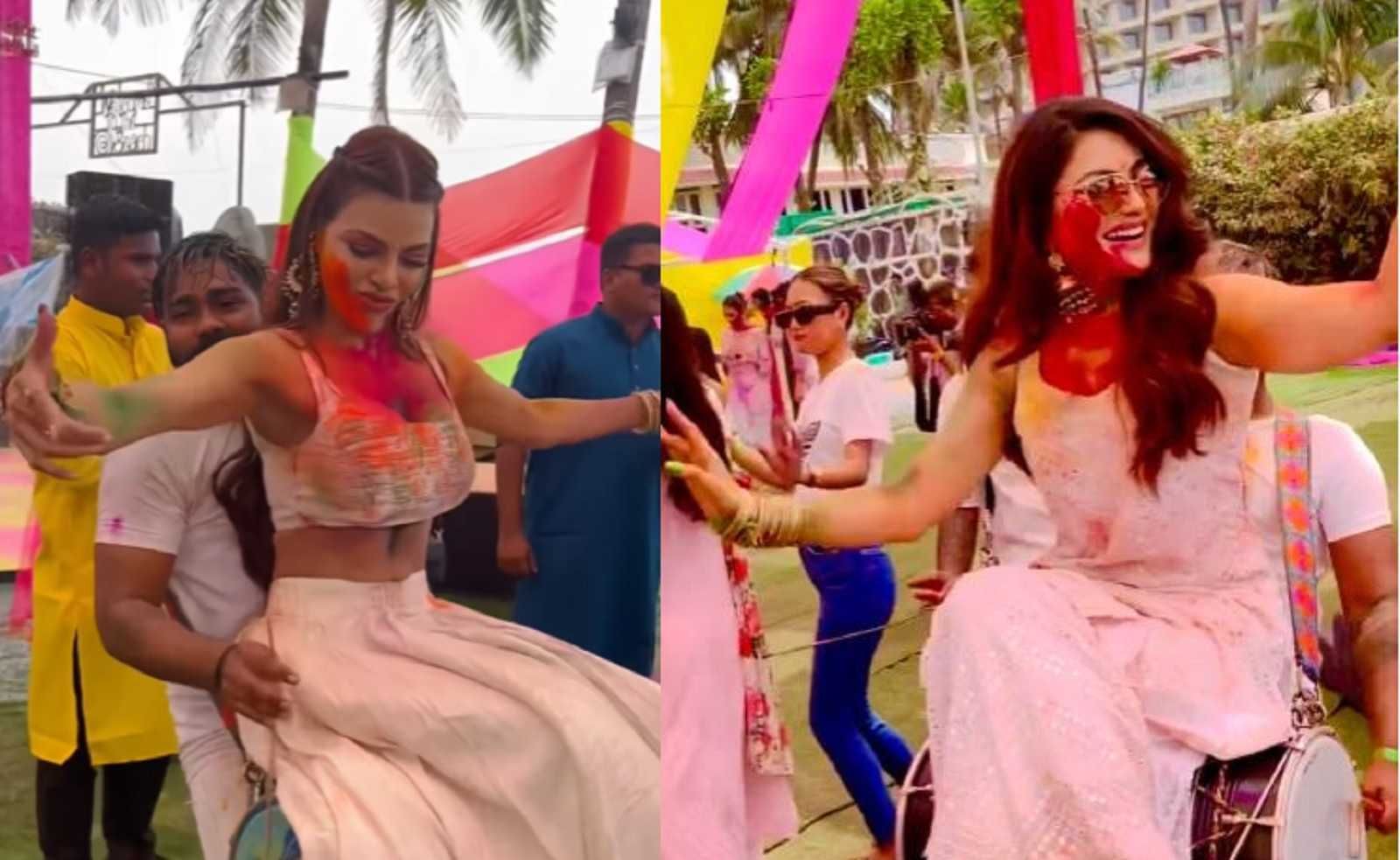 Urvashi Rautela, Sherlyn Chopra climb on a dhol and dance on Holi party, netizens troll them