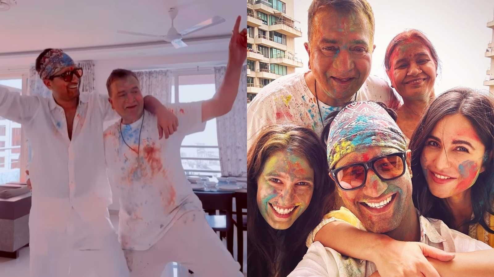 Sham Kaushal takes dance lessons from son Vicky Kaushal during homely Holi celebration, Katrina Kaif's adorable moment steals the show; Watch