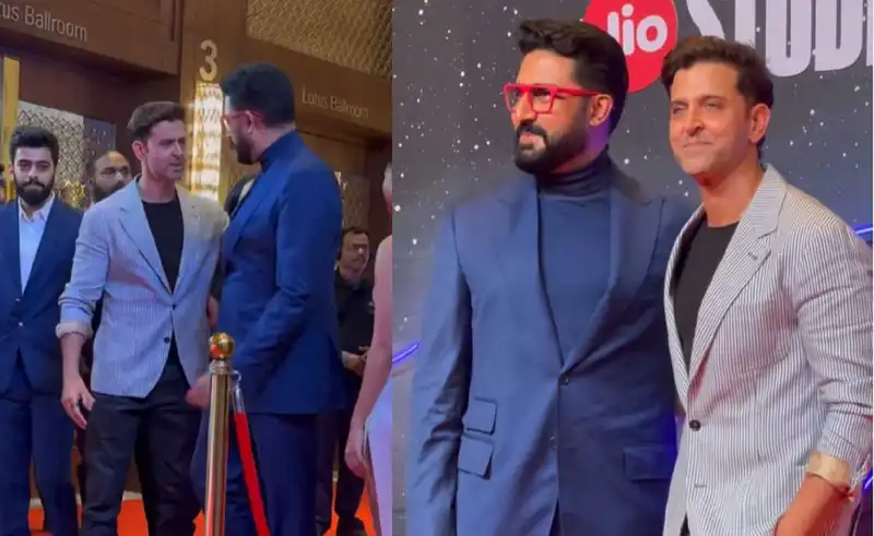 ‘Dhoom wapis aani chaiye..’: Hrithik Roshan and Abhishek Bachchan posing together at Jio Studios event makes fans nostalgic