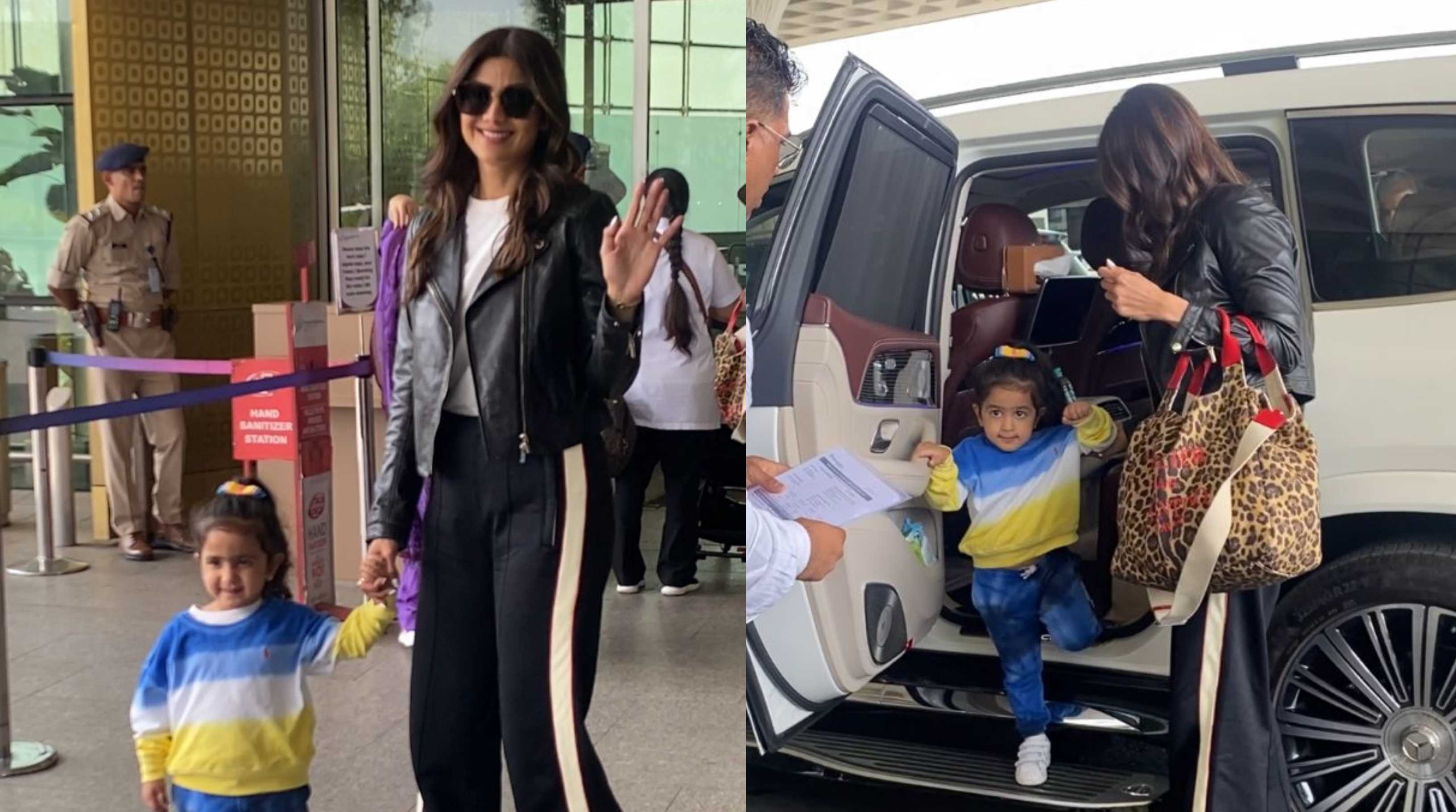 Shilpa Shetty’s daughter Samisha smiles for cameras at airport; netizens ask ‘Where is masked man Kundra’