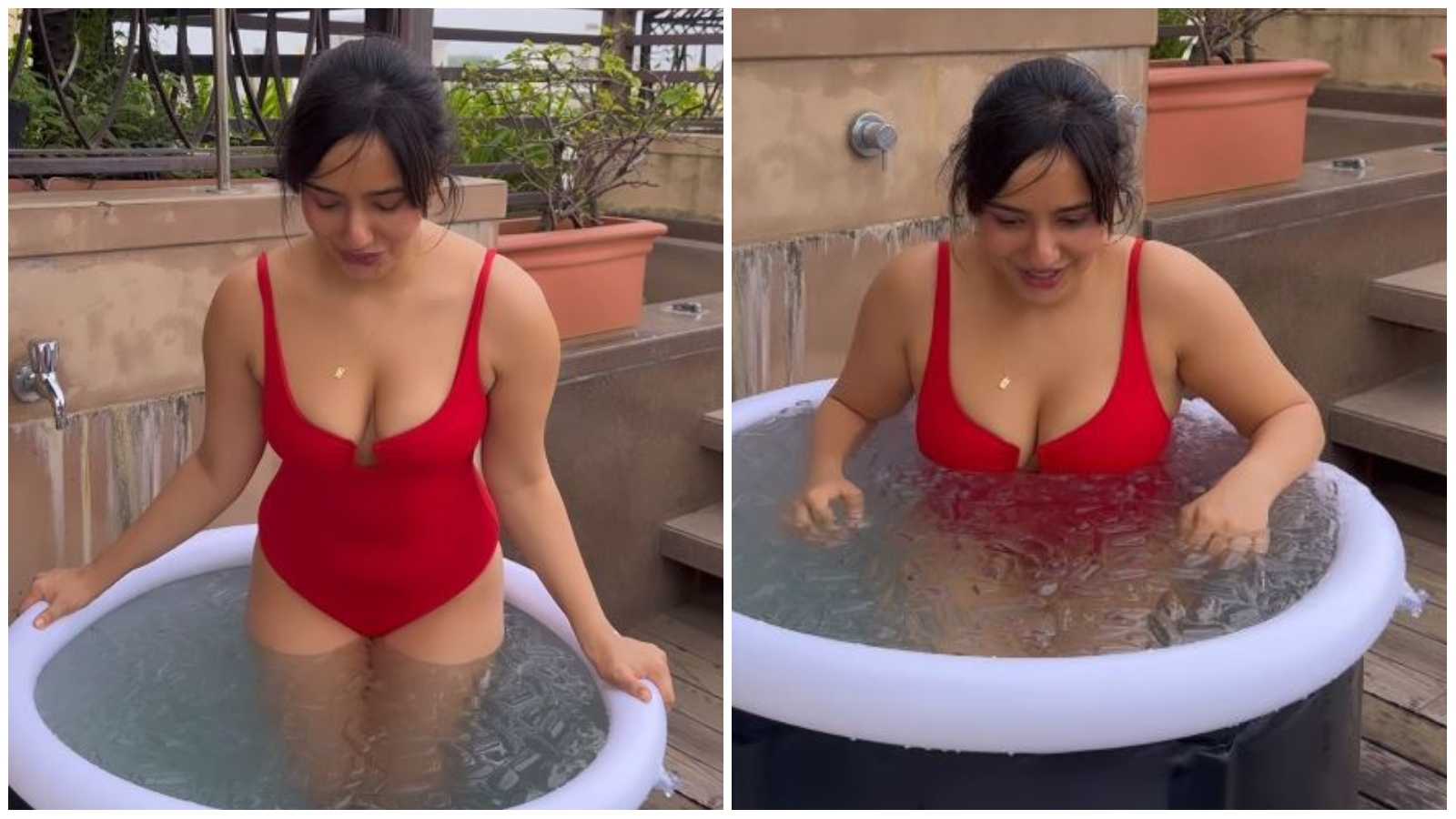 Neha Sharma takes a dip in ice water in a red monokini, netizens react 'Injury hai ya show off karna hai?'