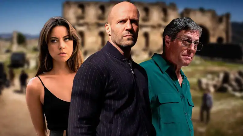 Aubrey Piaza, Jason Statham, and Hugh Grant (Source: Looper)