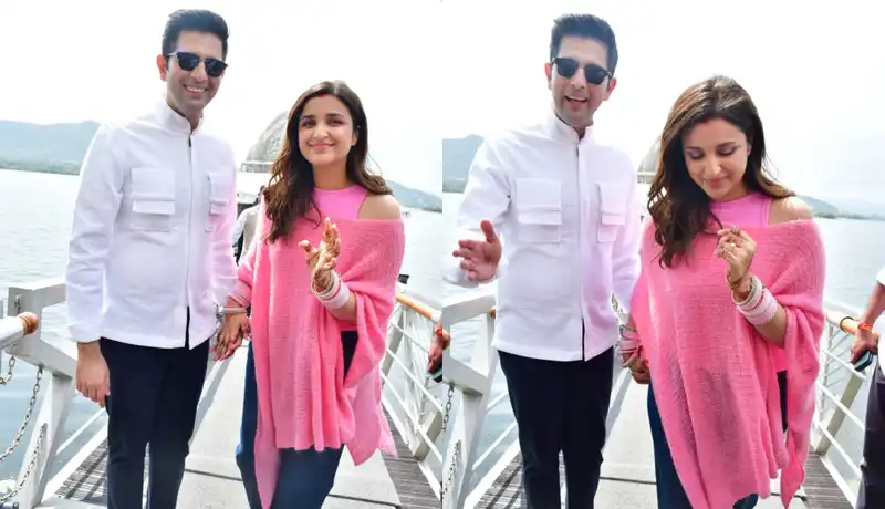 Parineeti Chopra matches a pink poncho to her chooda for first public appearance with husband Raghav Chadha; watch