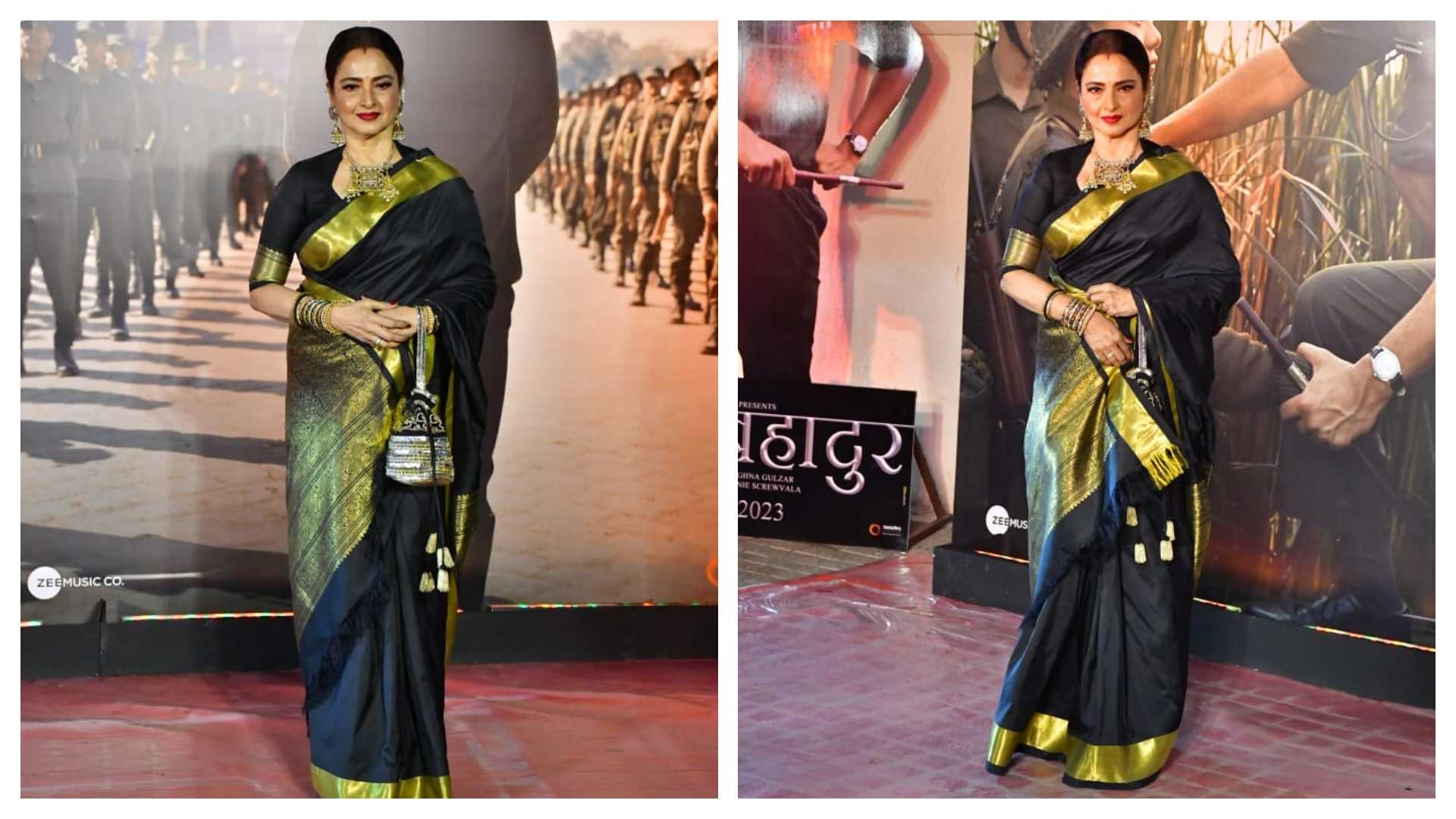 Rekha radiates elegance in black saree at Sam Bahadur screening – a timeless fashion moment