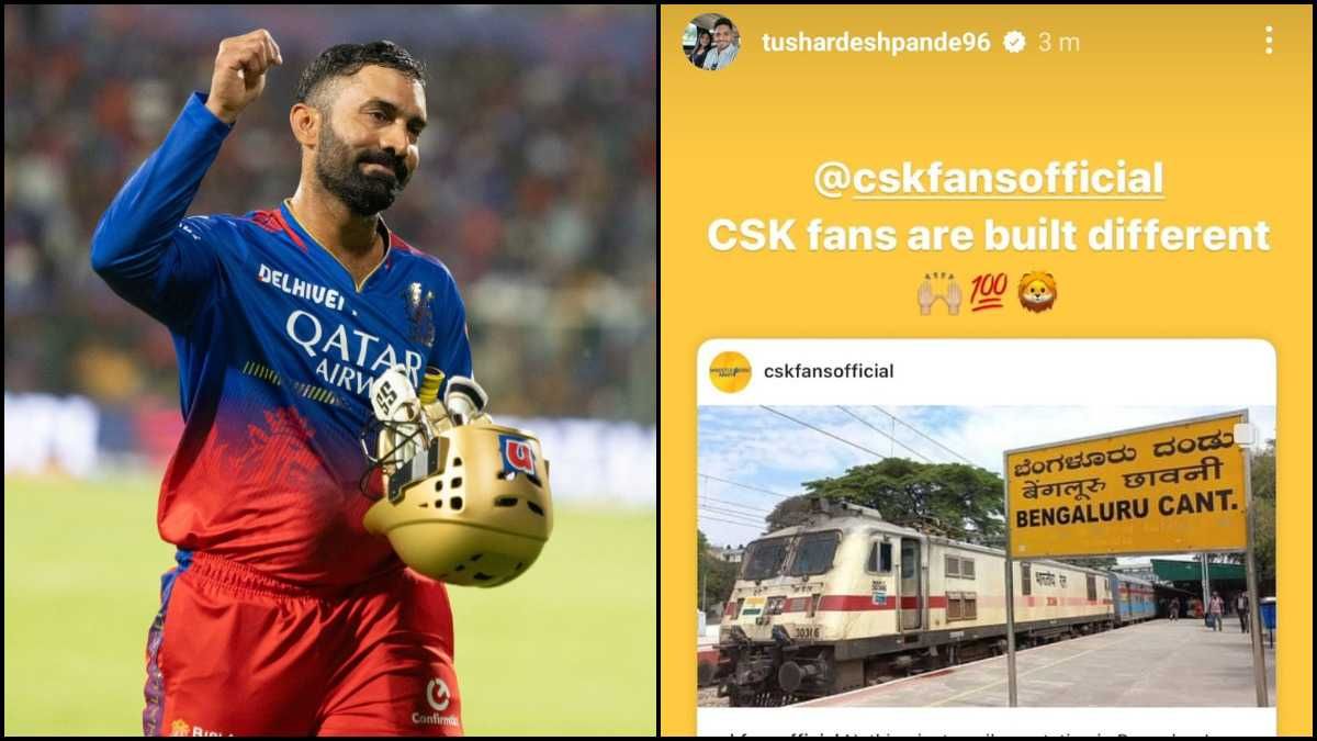 <p>RCB's Dinesh Karthik and CSK bowler Tushar Deshpande</p>