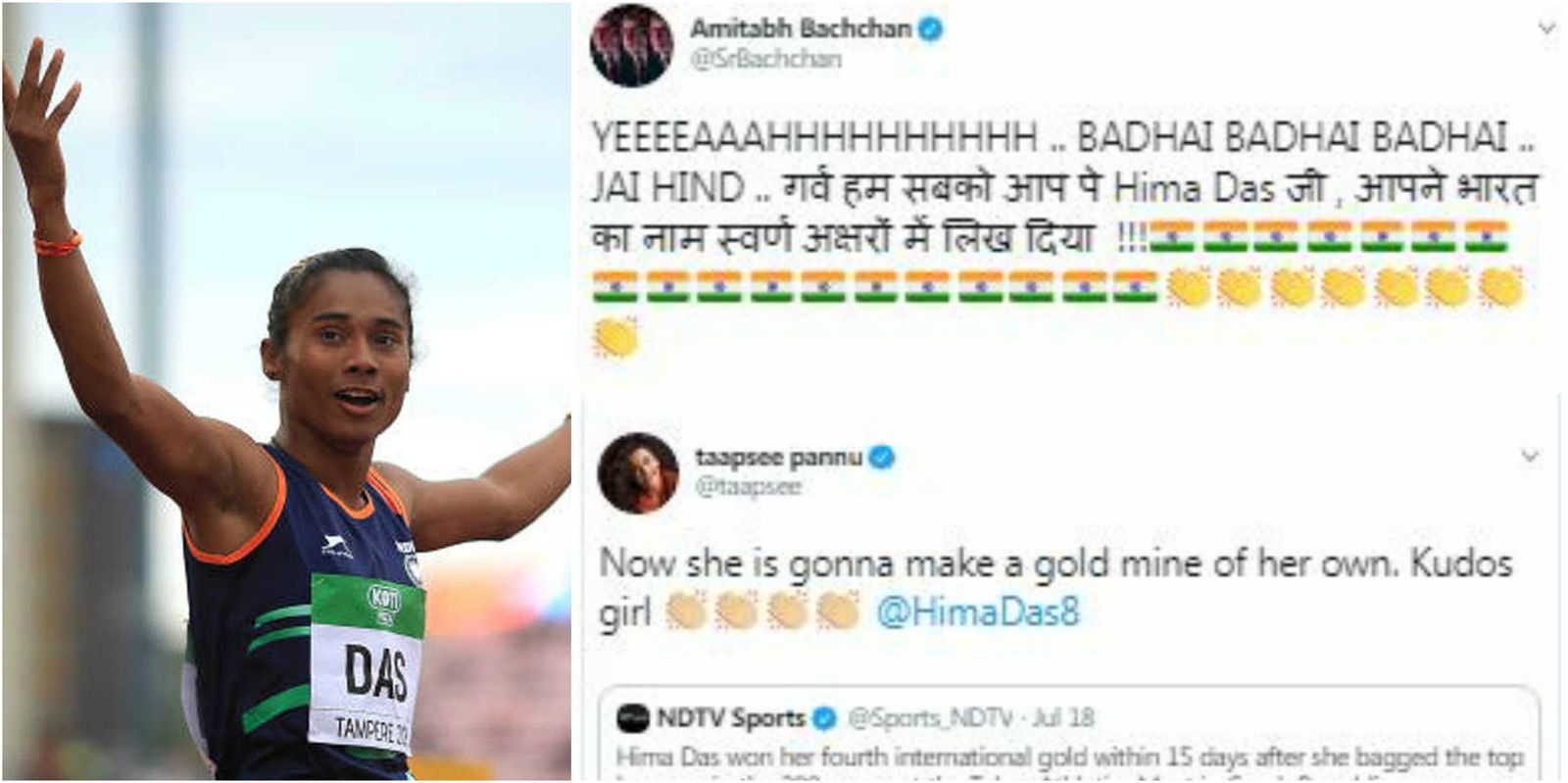 Bollywood Cheers Golden Girl Hima Das As She Bag The 5th Gold For India In One Month