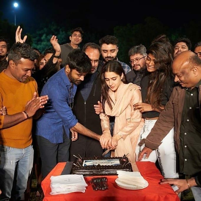 Sara Ali Khan And Dhanush Celebrate The Schedule Wrap For Atrangi Re With Aanand L. Rai, Crew And A Cake