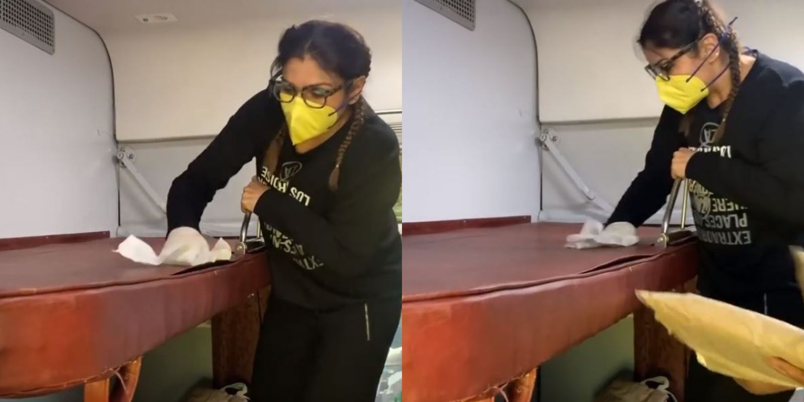 Raveena Tandon Disinfects A Train Berth With Wet Wipe Before Getting 'Comfy' With An Important Message On Travel Safety