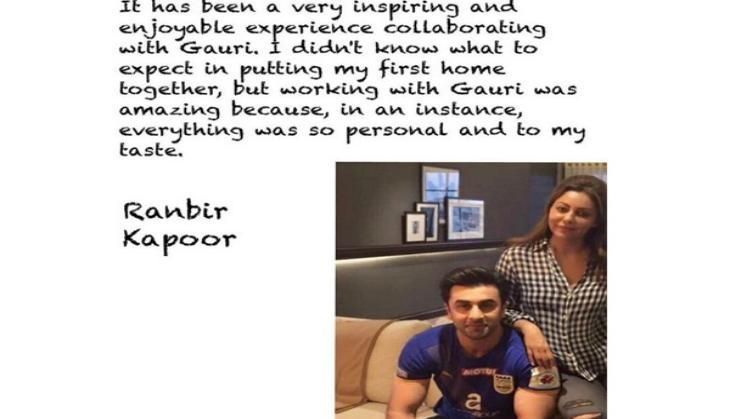 Ranbir’s Thank You Note To Gauri Khan For Designing His New Home