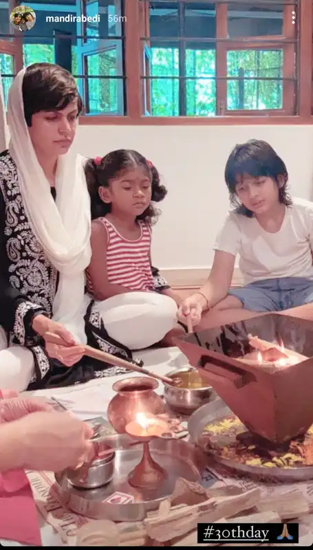 Mandira Bedi performs pooja in memory of her late husband Raj Kaushal with son Vir and daughter Tara