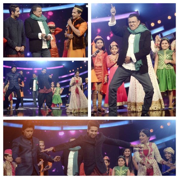 Ayushman Khurana and  Mithun Chakraborty on the sets of  Sa Re Ga Ma Pa Lil Champs